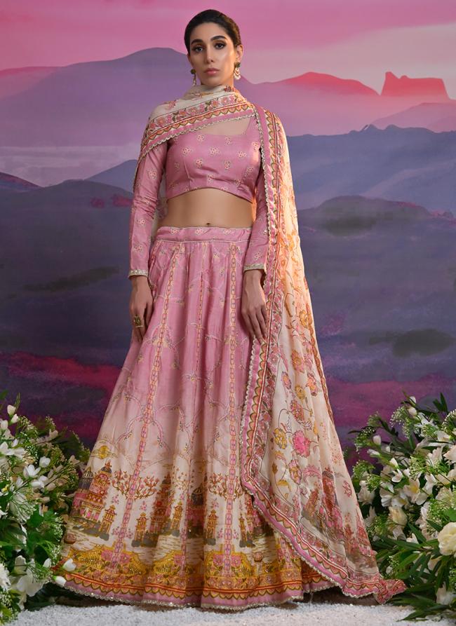 Viscose Light Pink Ceremonial Wear Printed Lehenga Choli